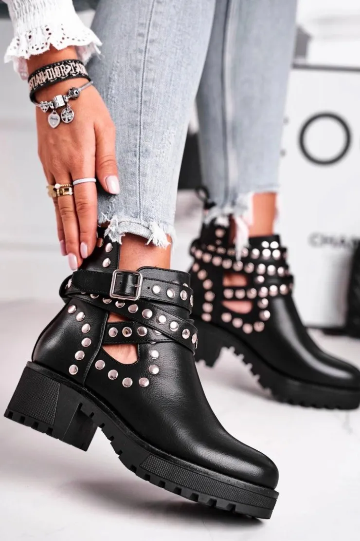 Boto Czarne Botki|Botki Na Obcasie*Botki Damskie Z Nitami Grunge Czarne Heavenly