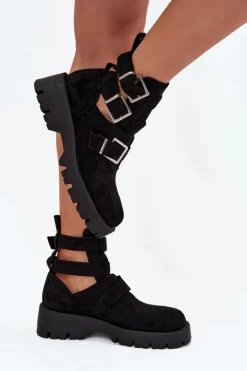 Boto Botki Ocieplane|Czarne Botki*Botki Damskie Z Paskami I Srebrnymi Klamrami Czarne Helisse Czarny