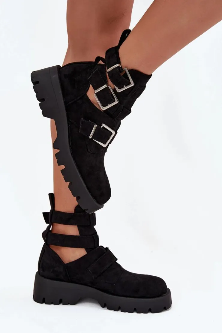 Boto Botki Ocieplane|Czarne Botki*Botki Damskie Z Paskami I Srebrnymi Klamrami Czarne Helisse Czarny