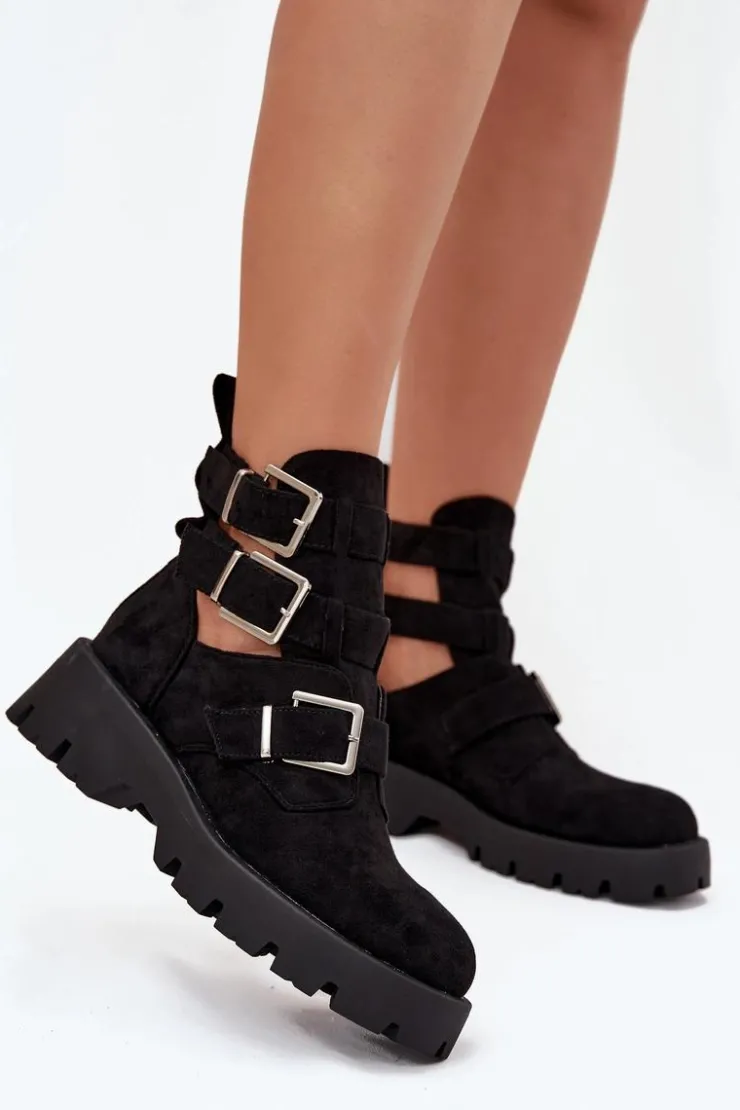 Boto Botki Ocieplane|Czarne Botki*Botki Damskie Z Paskami I Srebrnymi Klamrami Czarne Helisse Czarny
