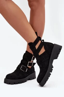 Boto Botki Ocieplane|Czarne Botki*Botki Damskie Z Paskami I Srebrnymi Klamrami Czarne Helisse Czarny