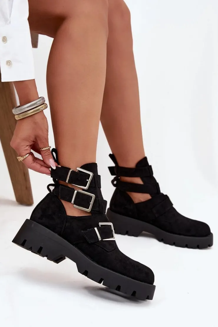 Boto Botki Ocieplane|Czarne Botki*Botki Damskie Z Paskami I Srebrnymi Klamrami Czarne Helisse Czarny