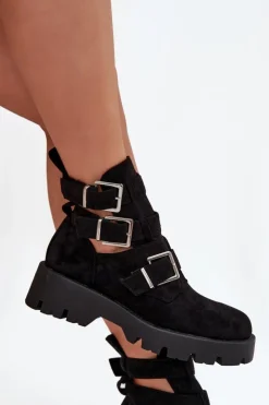 Boto Botki Ocieplane|Czarne Botki*Botki Damskie Z Paskami I Srebrnymi Klamrami Czarne Helisse Czarny