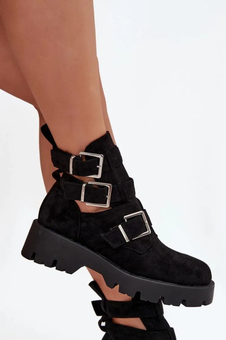 Boto Botki Ocieplane|Czarne Botki*Botki Damskie Z Paskami I Srebrnymi Klamrami Czarne Helisse Czarny