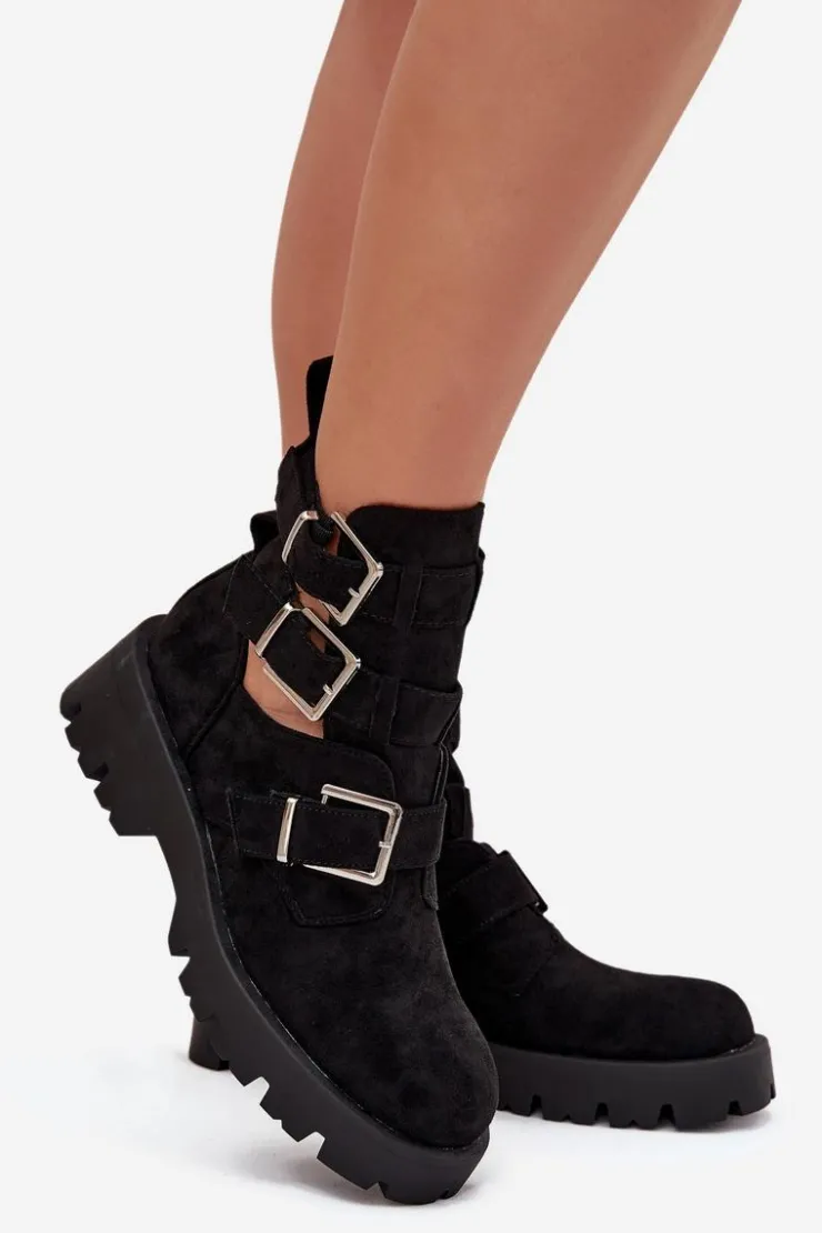 Boto Botki Ocieplane|Czarne Botki*Botki Damskie Z Paskami I Srebrnymi Klamrami Czarne Helisse Czarny