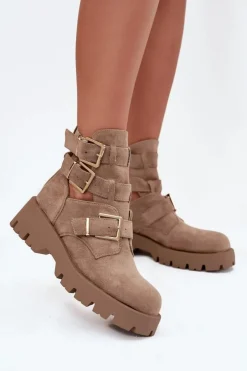 Damskie Boto Botki Damskie Z Paskami I Złotymi Klamrami Beżowe Helisse