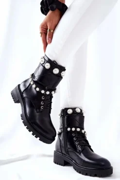 Boto Botki Sznurowane|Czarne Botki*Botki Damskie Z Perełkami Czarne Mystique