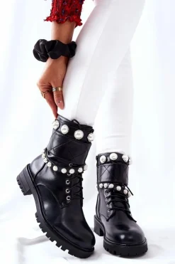 Boto Botki Sznurowane|Czarne Botki*Botki Damskie Z Perełkami Czarne Mystique