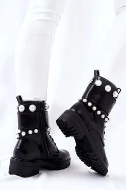 Boto Botki Sznurowane|Czarne Botki*Botki Damskie Z Perełkami Czarne Mystique