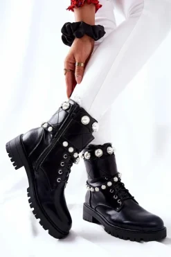 Boto Botki Sznurowane|Czarne Botki*Botki Damskie Z Perełkami Czarne Mystique