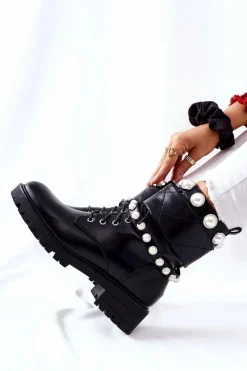 Boto Botki Sznurowane|Czarne Botki*Botki Damskie Z Perełkami Czarne Mystique