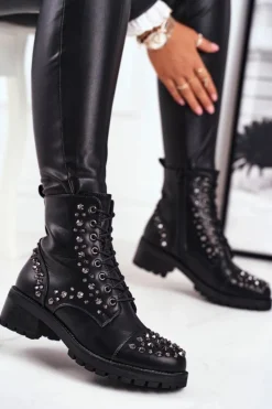 Boto Botki Sznurowane|Czarne Botki*Botki Damskie z ćwiekami Czarne Chill