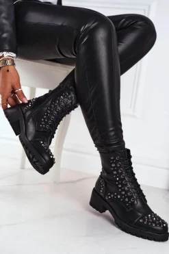 Boto Botki Sznurowane|Czarne Botki*Botki Damskie z ćwiekami Czarne Chill