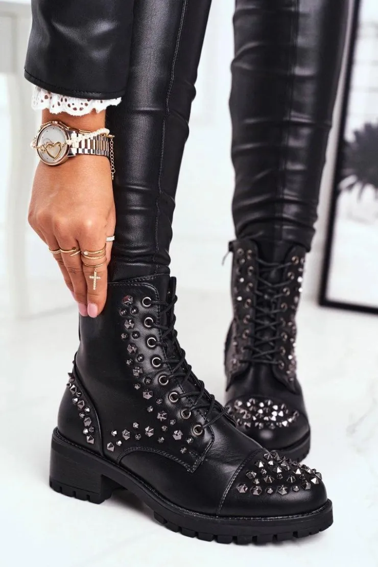 Boto Botki Sznurowane|Czarne Botki*Botki Damskie z ćwiekami Czarne Chill