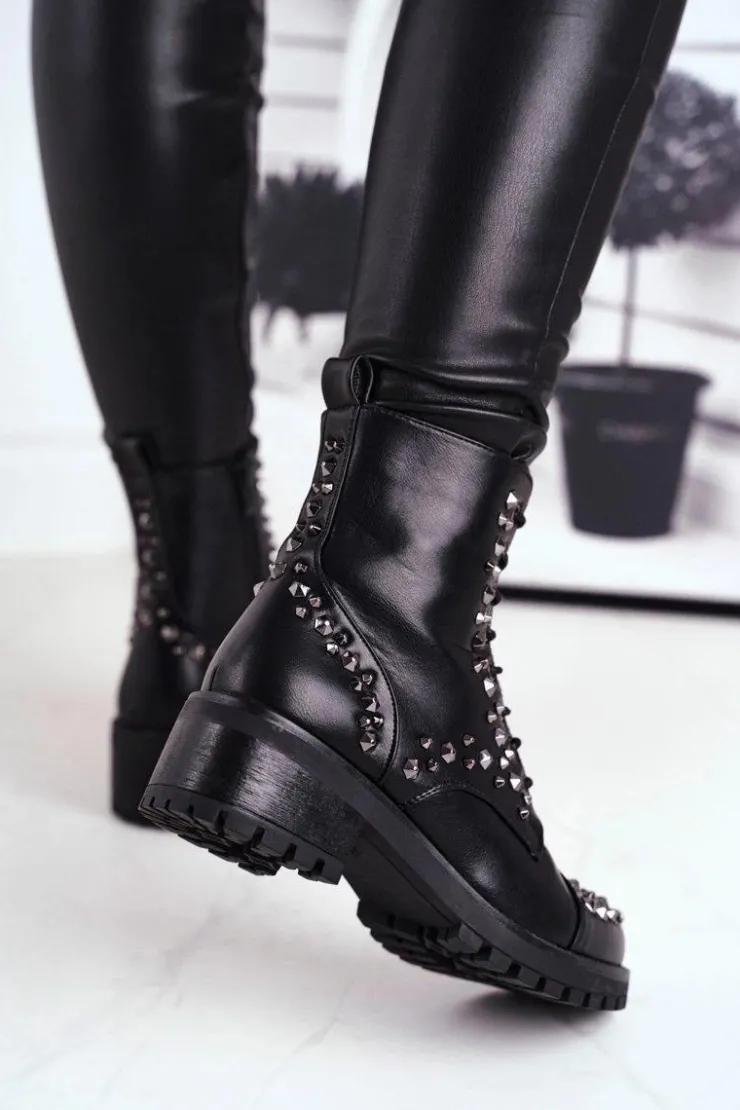 Boto Botki Sznurowane|Czarne Botki*Botki Damskie z ćwiekami Czarne Chill