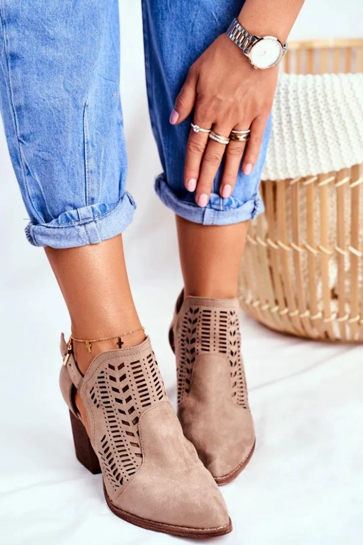 Boto Botki Wiosenne|Botki Na Słupku*Botki Damskie z Wycięciem Wiosenne Beżowe Velluci