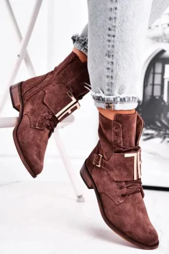 Damskie Boto Botki Damskie Zamszowe Brązowe Nicole 2591