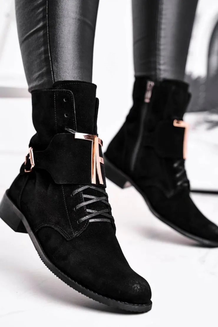 Boto Botki Sznurowane|Czarne Botki*Botki Damskie Zamszowe Czarne Nicole 2591