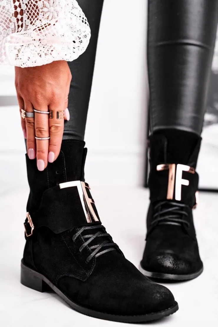 Boto Botki Sznurowane|Czarne Botki*Botki Damskie Zamszowe Czarne Nicole 2591