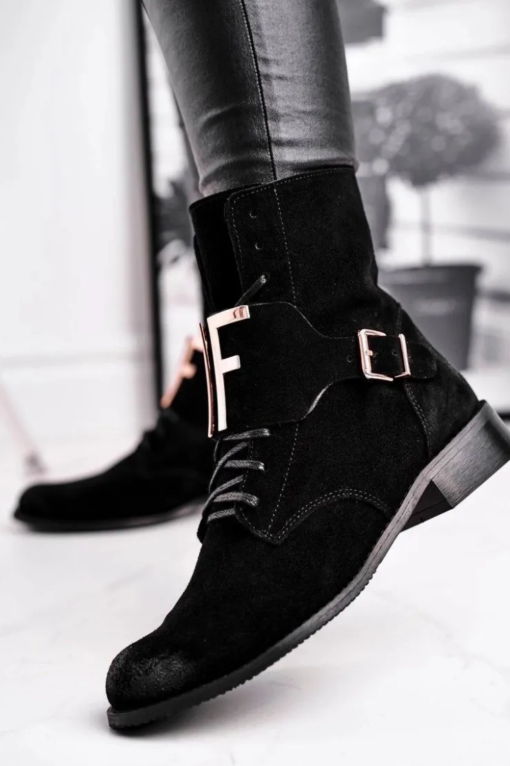 Boto Botki Sznurowane|Czarne Botki*Botki Damskie Zamszowe Czarne Nicole 2591