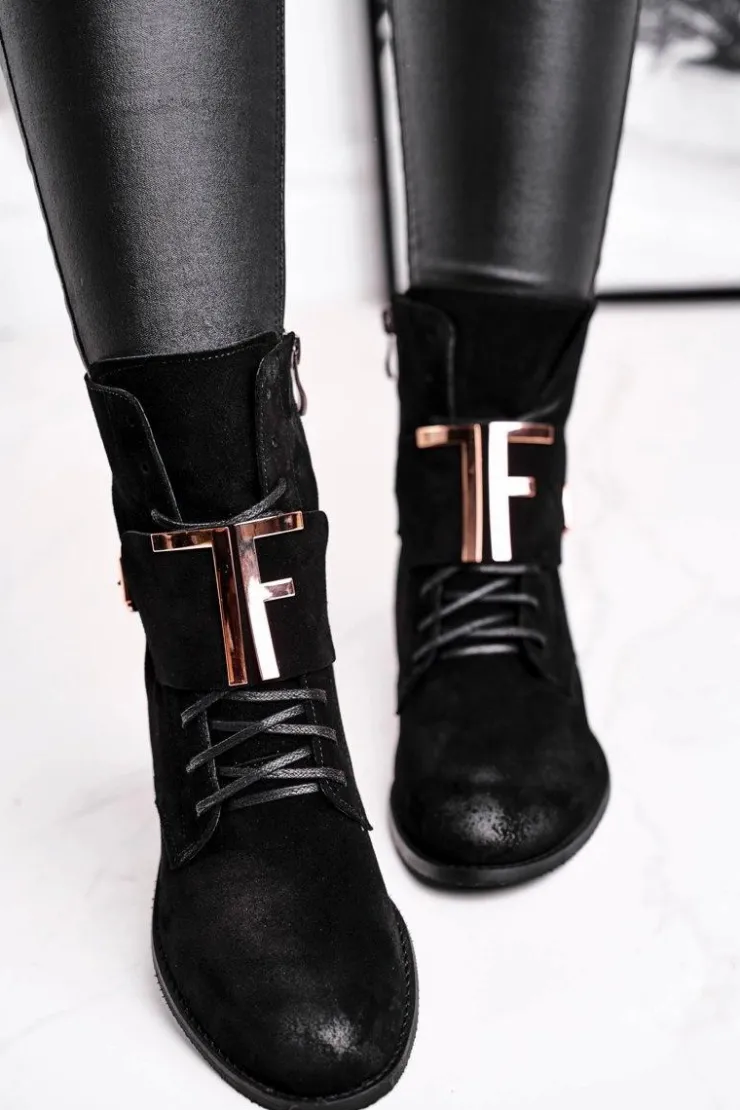 Boto Botki Sznurowane|Czarne Botki*Botki Damskie Zamszowe Czarne Nicole 2591