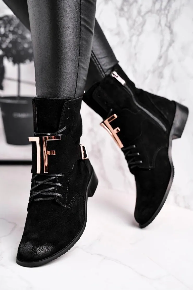 Boto Botki Sznurowane|Czarne Botki*Botki Damskie Zamszowe Czarne Nicole 2591