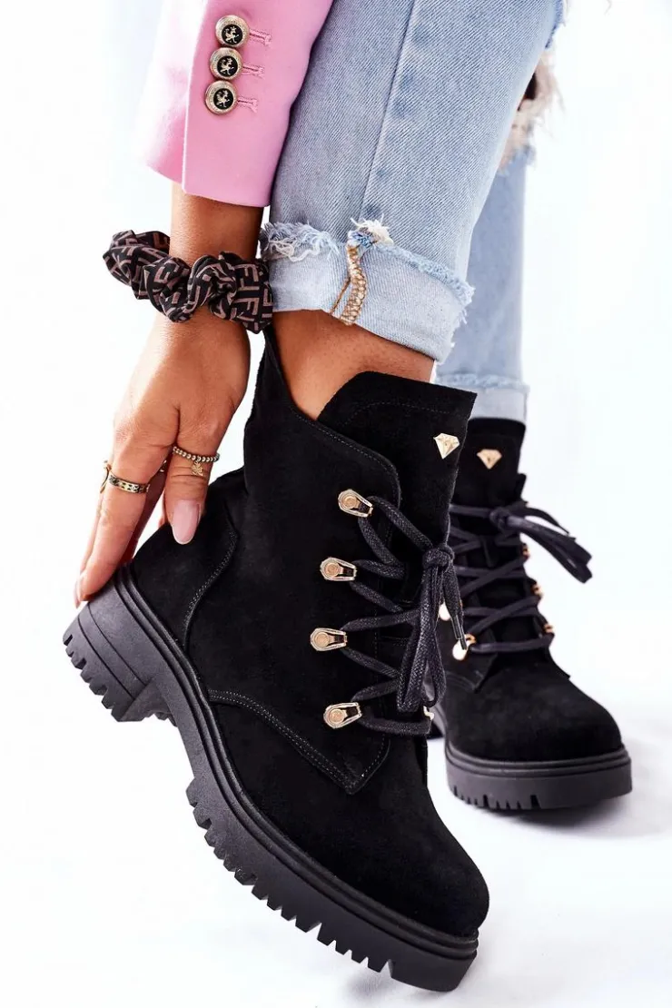 Boto Botki Sznurowane|Czarne Botki*Botki Damskie Zamszowe Czarne Nicole 2674