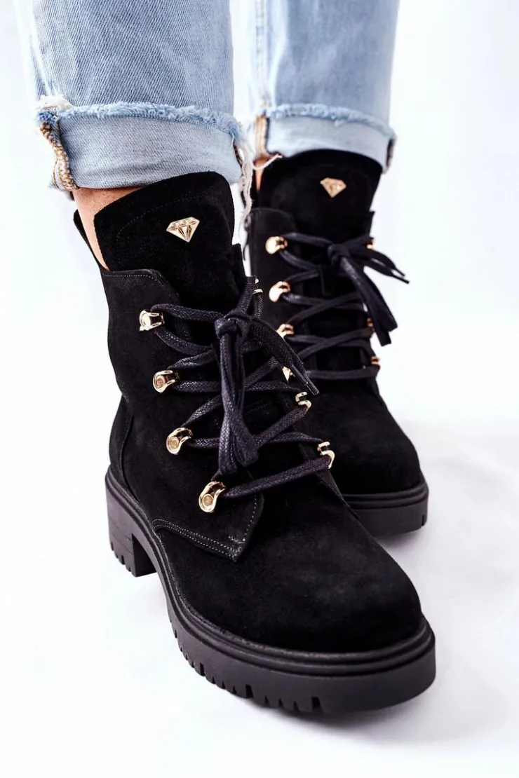 Boto Botki Sznurowane|Czarne Botki*Botki Damskie Zamszowe Czarne Nicole 2674