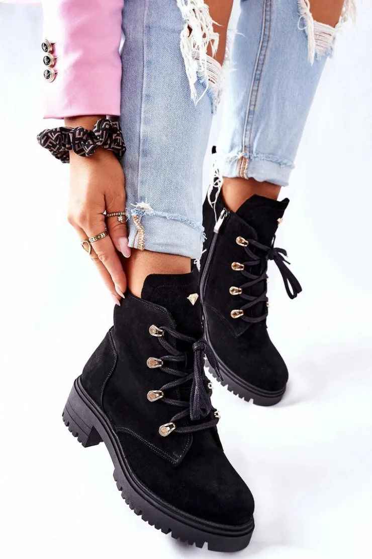 Boto Botki Sznurowane|Czarne Botki*Botki Damskie Zamszowe Czarne Nicole 2674