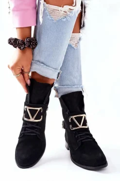 Boto Botki Sznurowane|Czarne Botki*Botki Damskie Zamszowe Czarne Nicole 2676