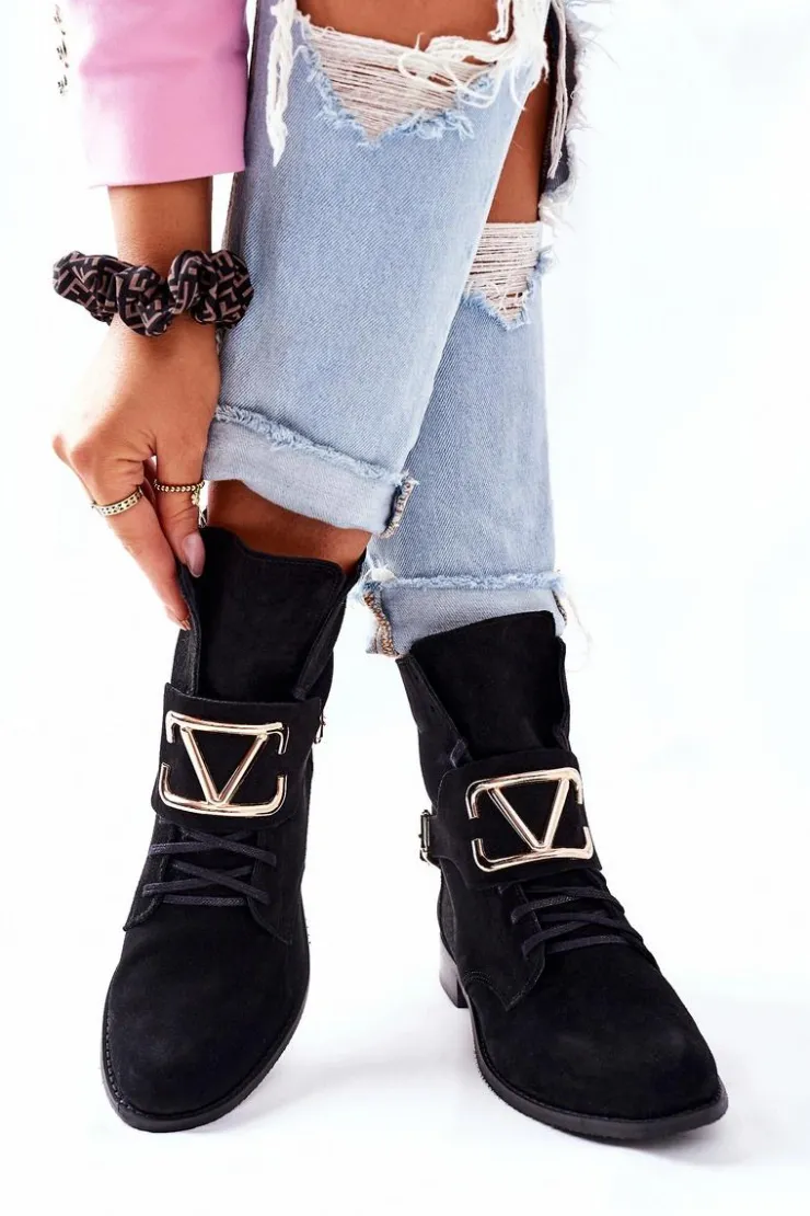 Boto Botki Sznurowane|Czarne Botki*Botki Damskie Zamszowe Czarne Nicole 2676