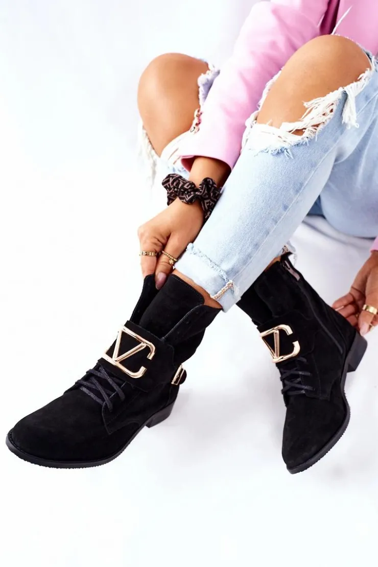 Boto Botki Sznurowane|Czarne Botki*Botki Damskie Zamszowe Czarne Nicole 2676