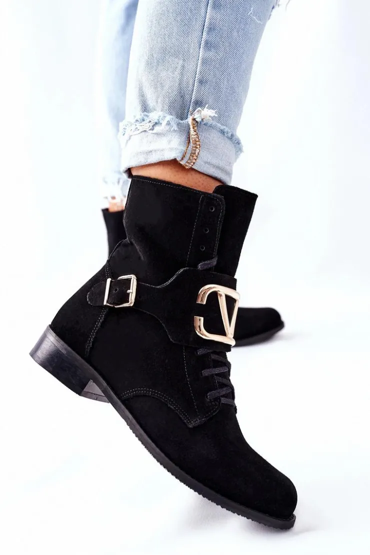 Boto Botki Sznurowane|Czarne Botki*Botki Damskie Zamszowe Czarne Nicole 2676