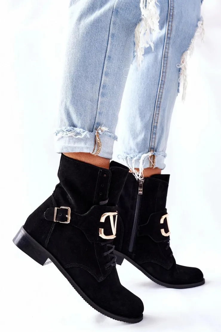 Boto Botki Sznurowane|Czarne Botki*Botki Damskie Zamszowe Czarne Nicole 2676