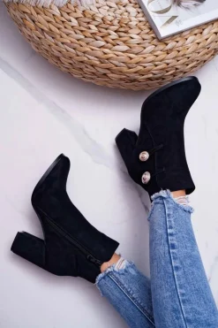 Online Damskie buty S.Barski Botki Damskie Zamszowe na Słupku Czarne Barski 73-2