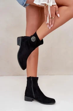 Boto Botki Ocieplane|Czarne Botki*Botki Damskie Zapinane Na Zamek Z Ozdobnym Detalem Eko Zamszowe Czarne Lerioria Czarny