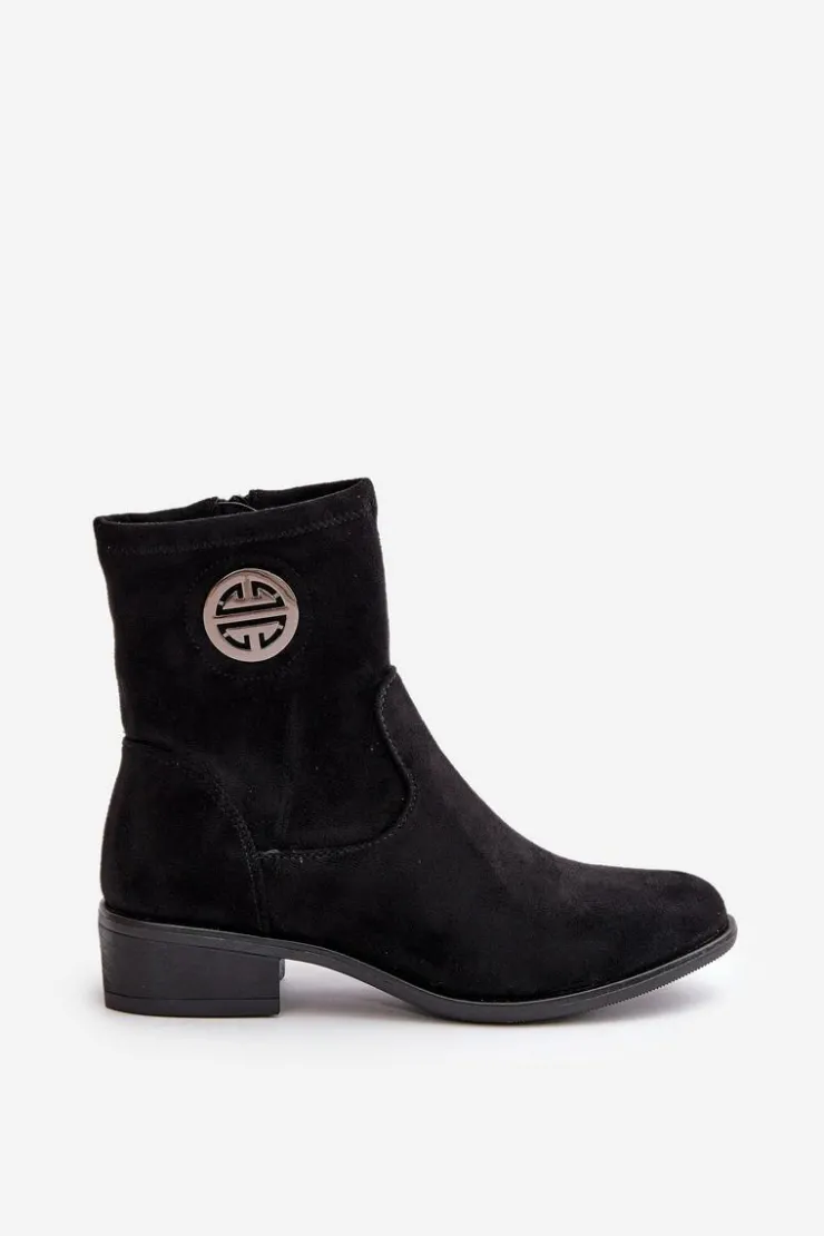 Boto Botki Ocieplane|Czarne Botki*Botki Damskie Zapinane Na Zamek Z Ozdobnym Detalem Eko Zamszowe Czarne Lerioria Czarny