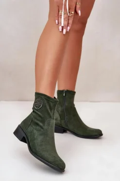 Boto Botki Damskie Zapinane Na Zamek Z Ozdobnym Detalem Eko Zamszowe Zielone Lerioria Zielony