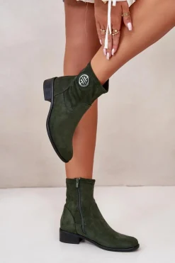 Boto Botki Damskie Zapinane Na Zamek Z Ozdobnym Detalem Eko Zamszowe Zielone Lerioria Zielony