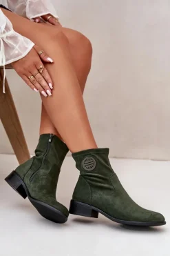 Boto Botki Damskie Zapinane Na Zamek Z Ozdobnym Detalem Eko Zamszowe Zielone Lerioria Zielony