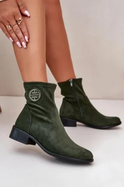 Boto Botki Damskie Zapinane Na Zamek Z Ozdobnym Detalem Eko Zamszowe Zielone Lerioria Zielony