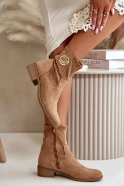 Damskie Boto Botki Damskie Zapinane Na Zamek Z Ozdobnym Detalem Eko Zamszowe Beżowe Lerioria