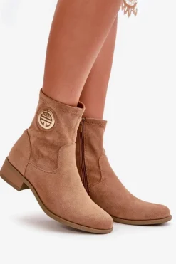 Damskie Boto Botki Damskie Zapinane Na Zamek Z Ozdobnym Detalem Eko Zamszowe Beżowe Lerioria
