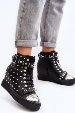 Boto Botki Na Koturnie|Czarne Botki*Botki Damskie Zdobione Dżetami Na Koturnie Lu Boo Czarne