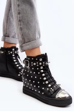 Boto Botki Na Koturnie|Czarne Botki*Botki Damskie Zdobione Dżetami Na Koturnie Lu Boo Czarne