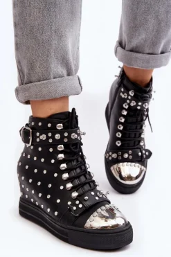 Boto Botki Na Koturnie|Czarne Botki*Botki Damskie Zdobione Dżetami Na Koturnie Lu Boo Czarne