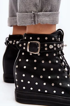 Boto Botki Na Koturnie|Czarne Botki*Botki Damskie Zdobione Dżetami Na Koturnie Lu Boo Czarne