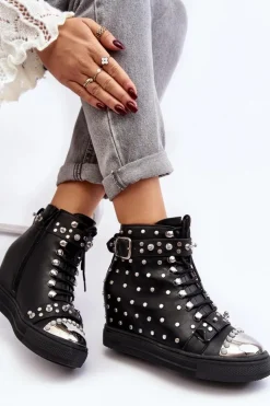 Boto Botki Na Koturnie|Czarne Botki*Botki Damskie Zdobione Dżetami Na Koturnie Lu Boo Czarne