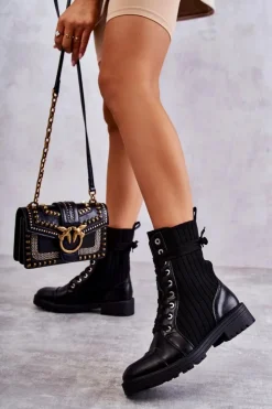 Damskie Boto Botki Damskie Ze Skarpetą Wiązane Czarne Livaro