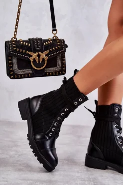 Damskie Boto Botki Damskie Ze Skarpetą Wiązane Czarne Livaro